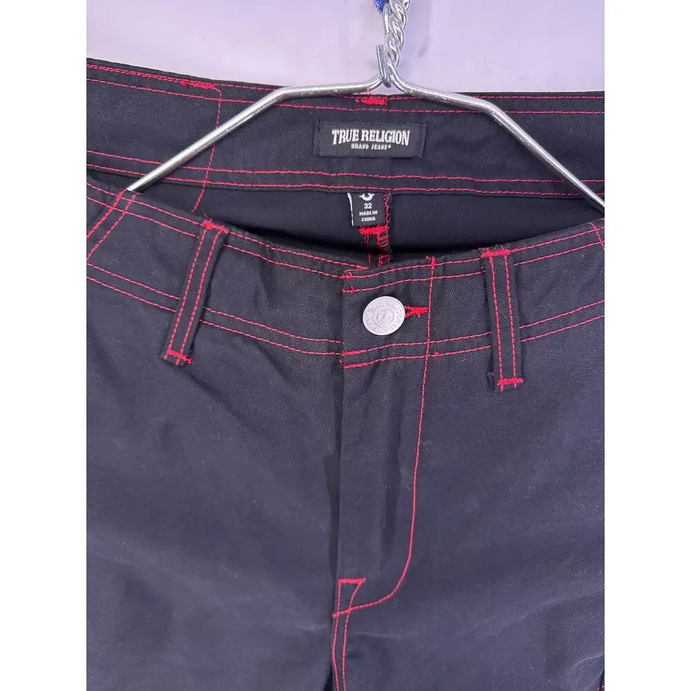 True Religion Jet Black Cargo Jeans Red Accents Size 32